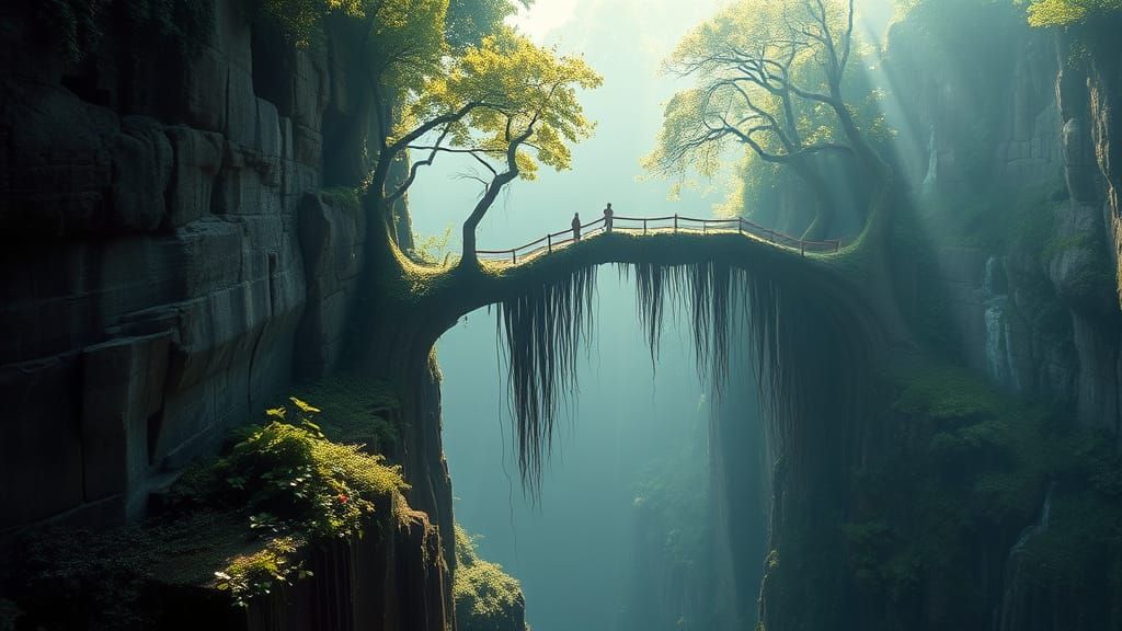 Mystical Root Bridge Between Cliffs in Fantasy Landscape