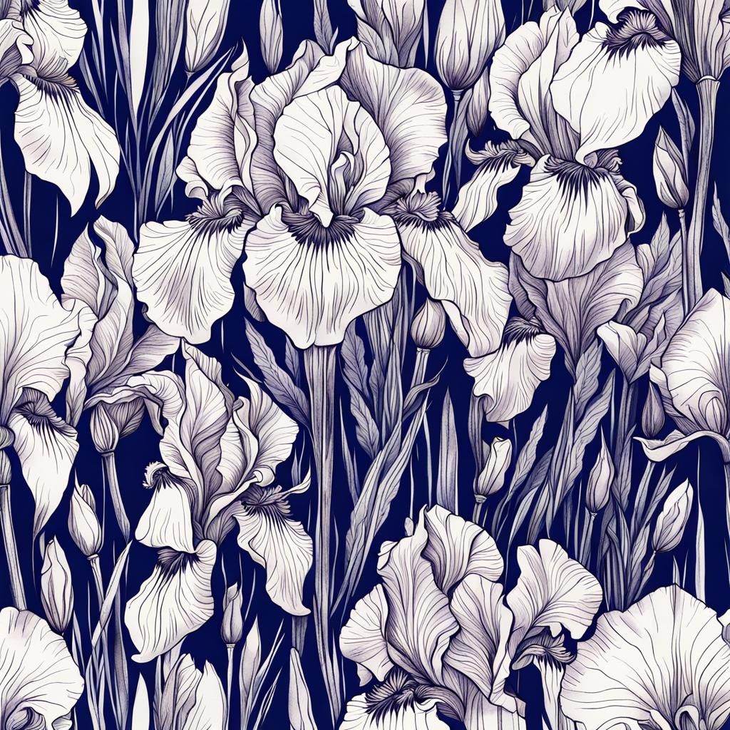 Intricate Ink Drawing of Irises