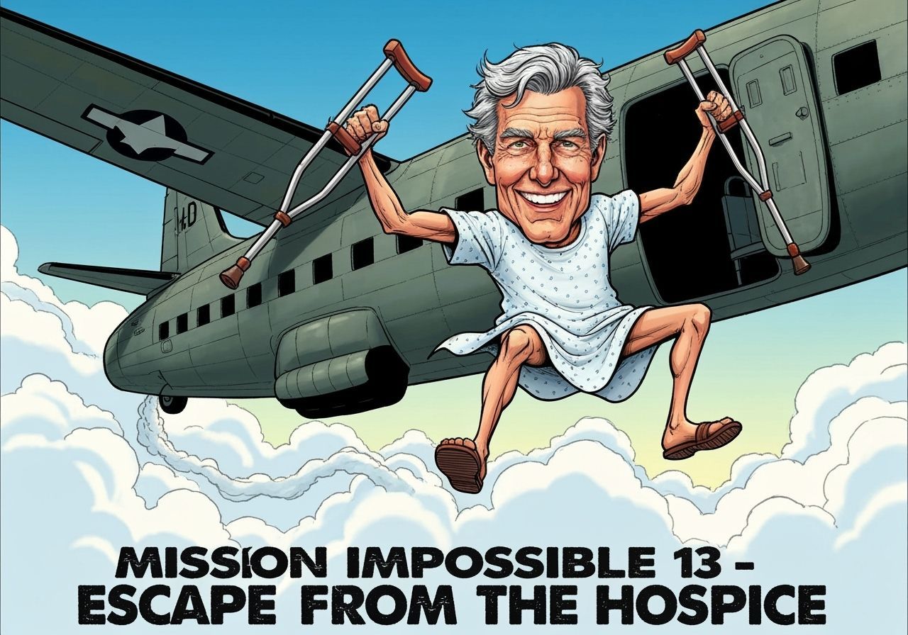 Comical Old Man Leaping From Plane with Crutches