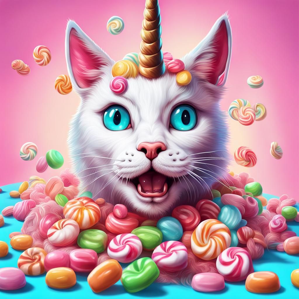 Hyperrealistic Unicorn Cat Enjoys Candy in Candyland