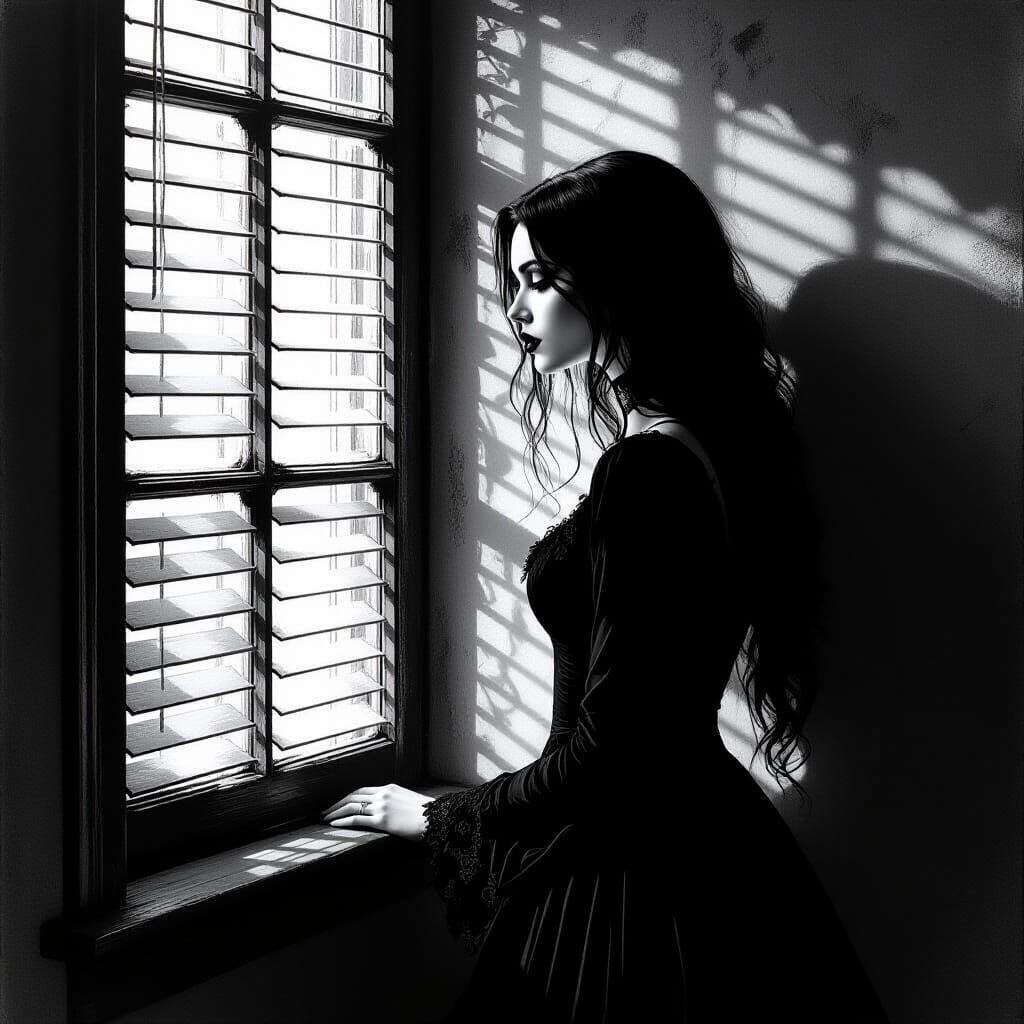 Gothic Woman in Shadow: Hyper-Realistic Black and White