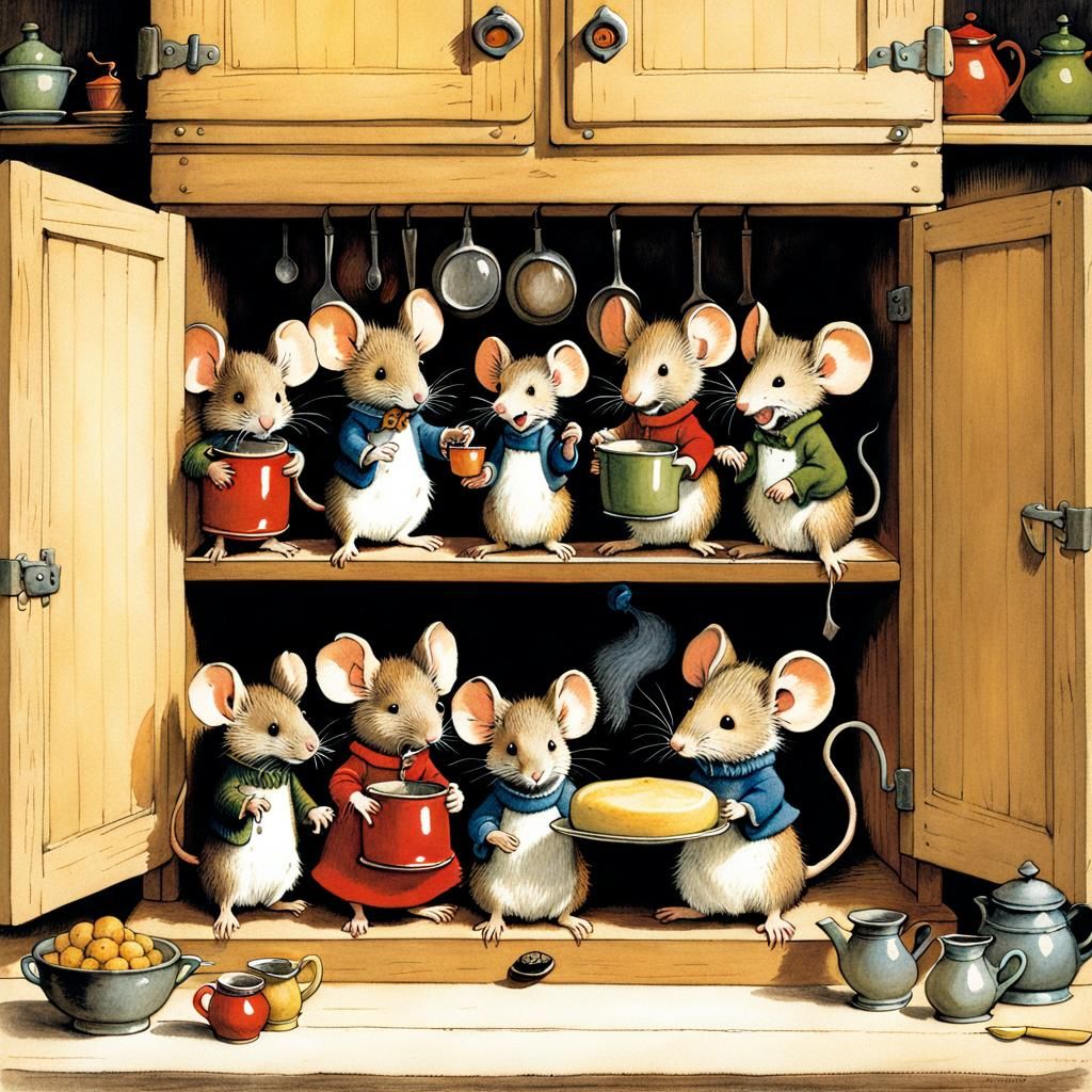 Cozy Mouse Family in Kitchen Cupboard Illustration