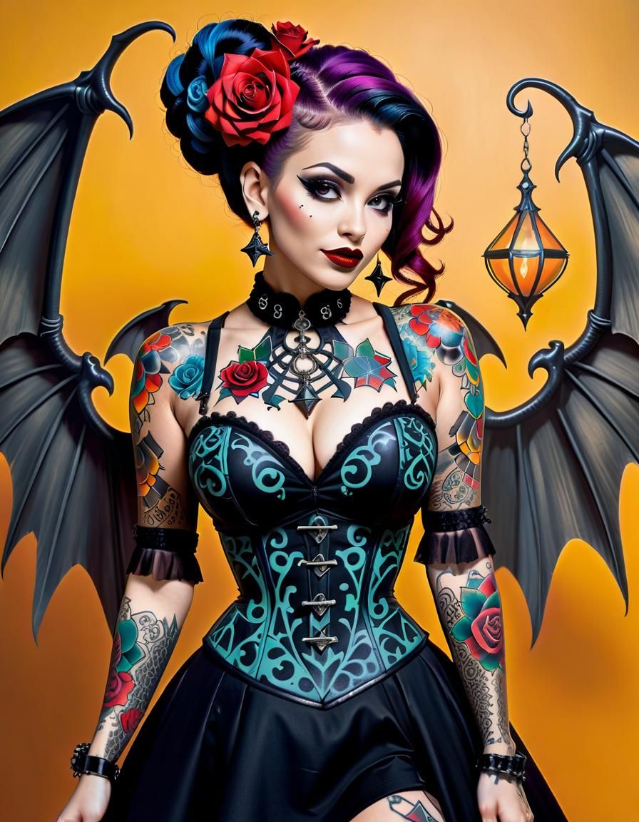 Gothic Tattoo Art: Bold Latina Pinup Portrait