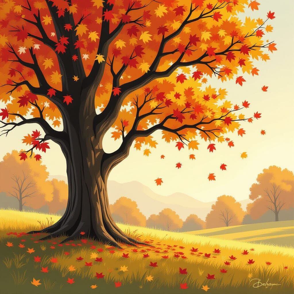 Ancient Autumn Tree in Sunlit Meadow Watercolor Concept Art