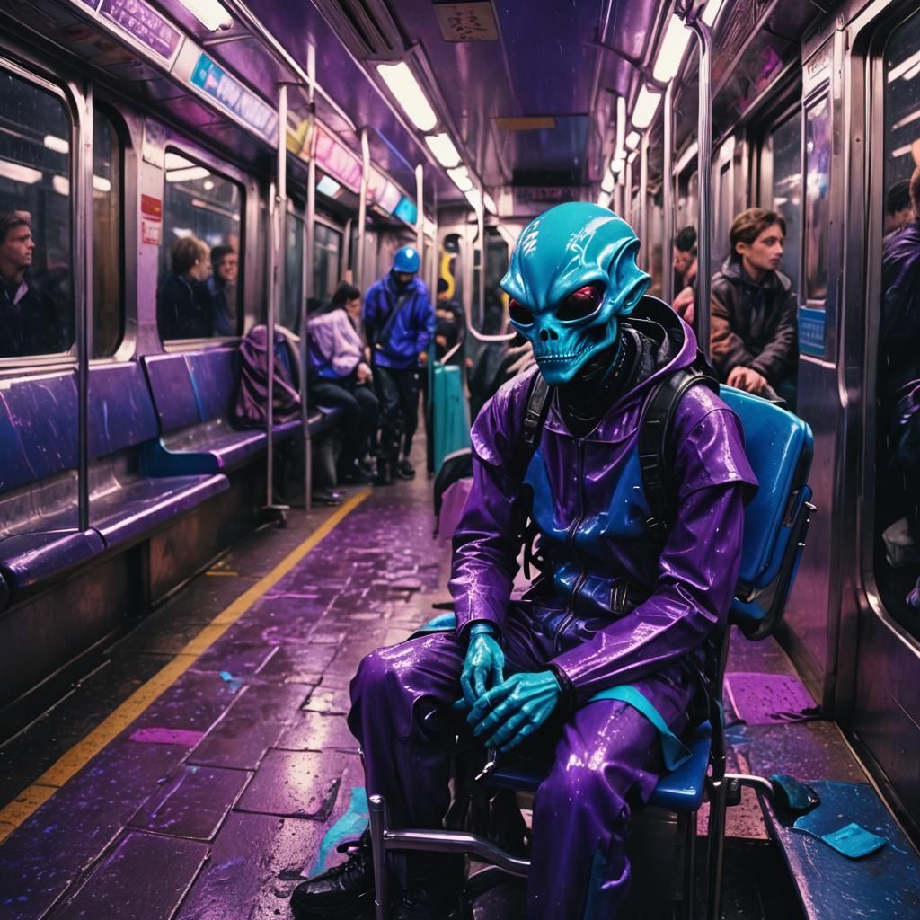 Alien Relaxing on Subway: Synthwave Neon Retro