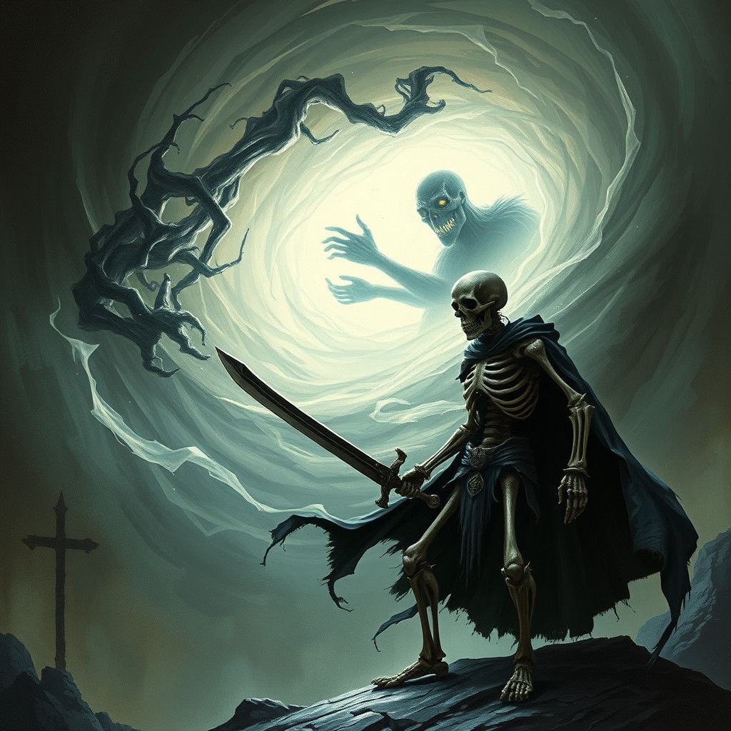 Skeleton Warrior vs Dark Energy in Gothic Horror Style