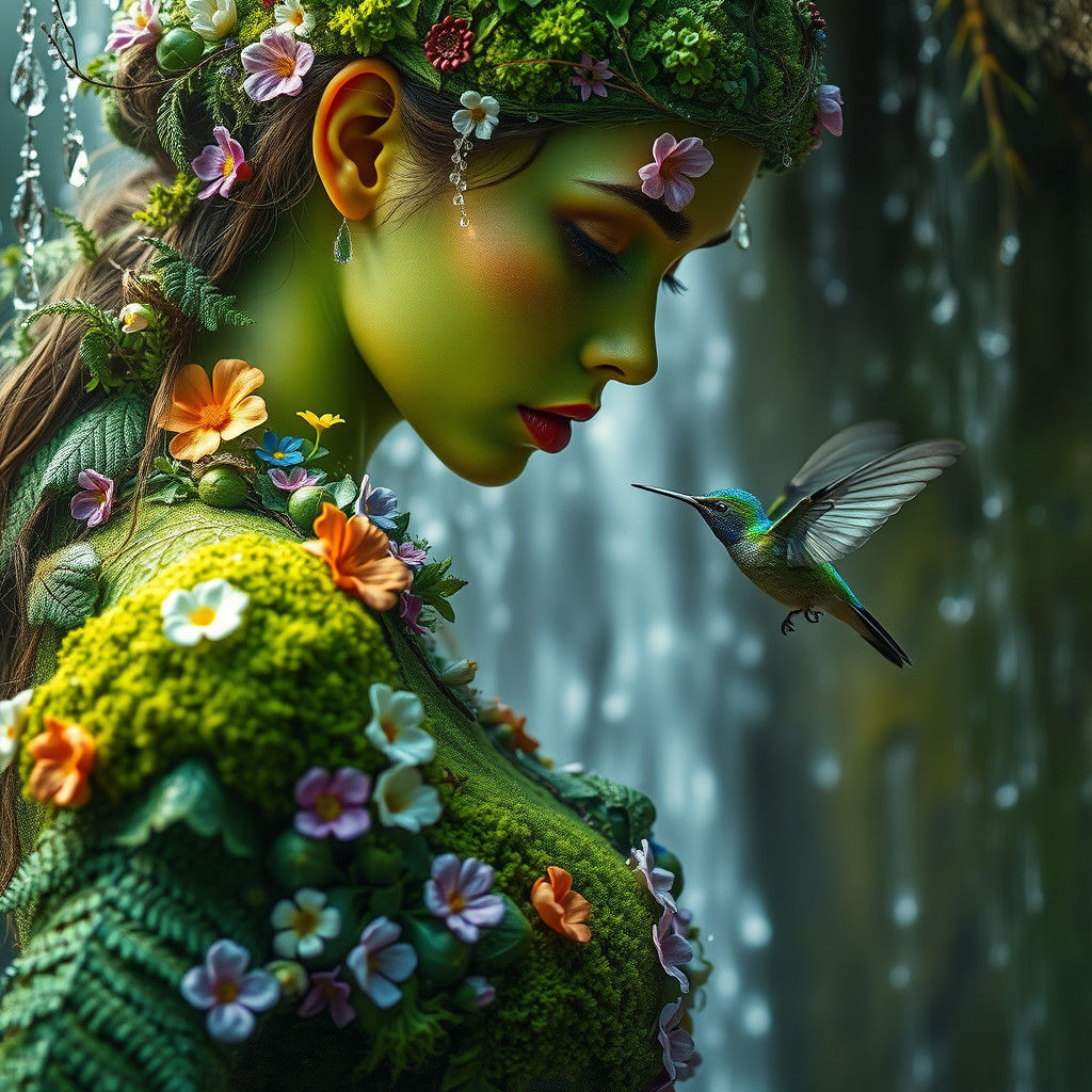 Woodland Spirit Adorned with Flowers and Vegetation