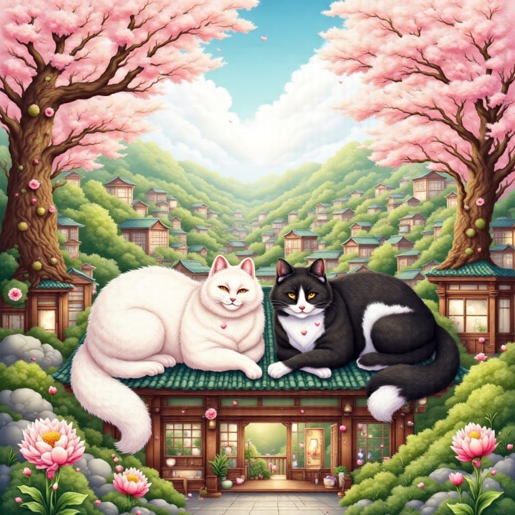 Adorable Cats Bask in Cherry Blossom Glory in Traditional To...