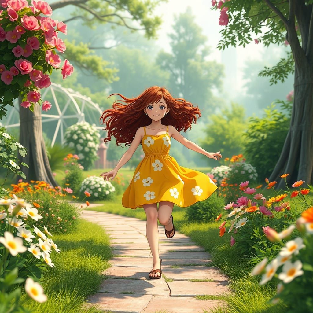 Vibrant Anime Girl Runs Through Lush Garden Landscape