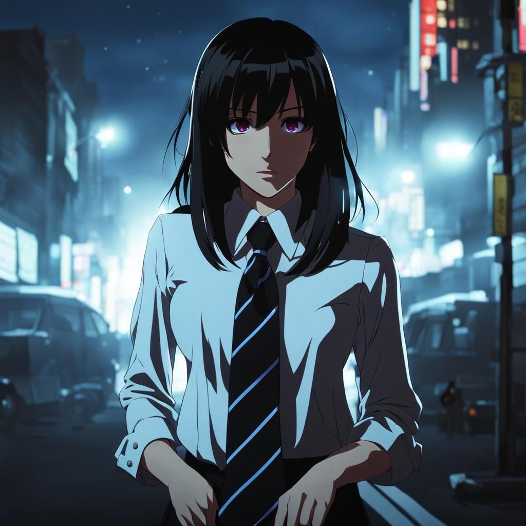Anime Woman with Tie in Night Street