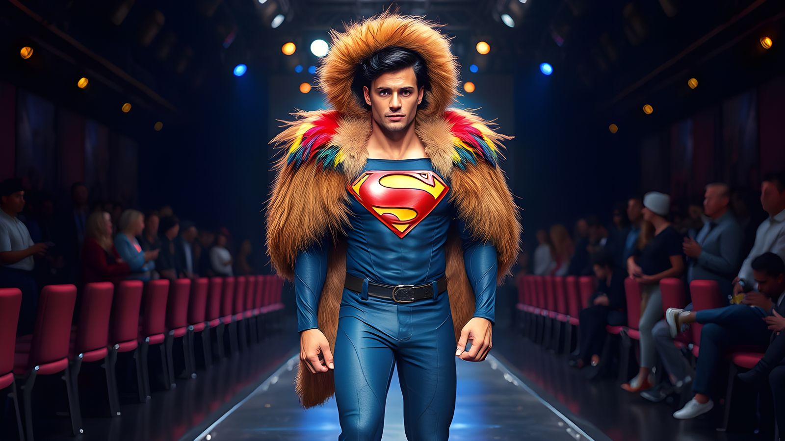 Superhero in Feathered Witch Hat on Runway