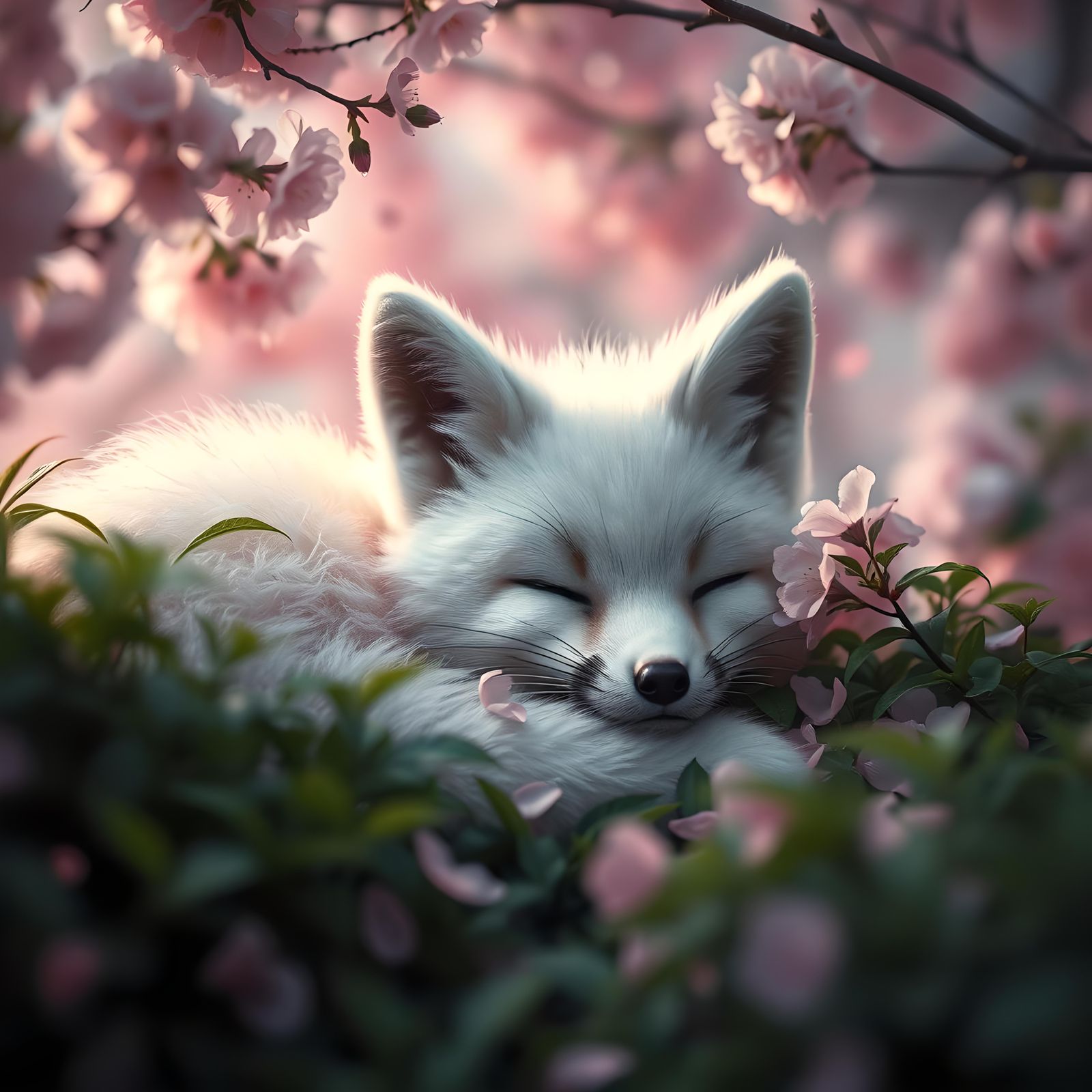 White Fox Asleep Under Cherry Blossoms