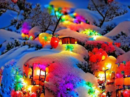 Christmas Lights in Snowy Winter Landscape