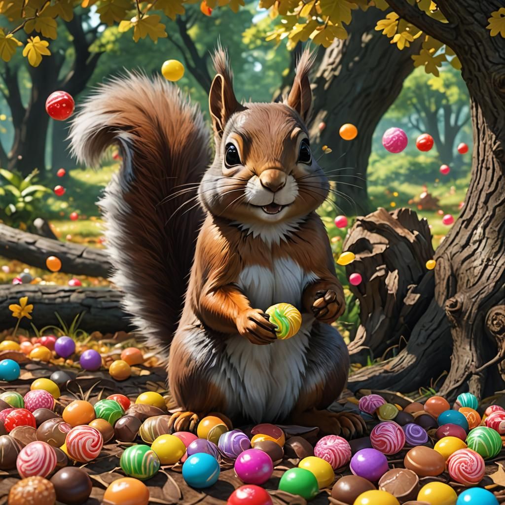 Squirrel Eating Candies: Detailed 3D Anime Art