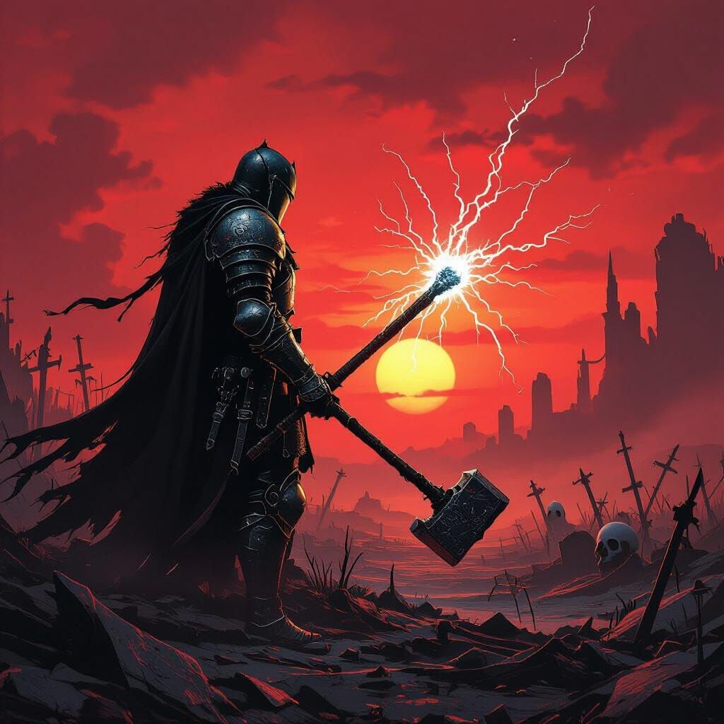 Knight Silhouetted Against Crimson Sunset in Dark Fantasy St...