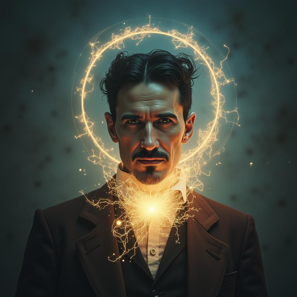 Nikola Tesla Portrait with Tesla Coil in Matte Painting Styl...