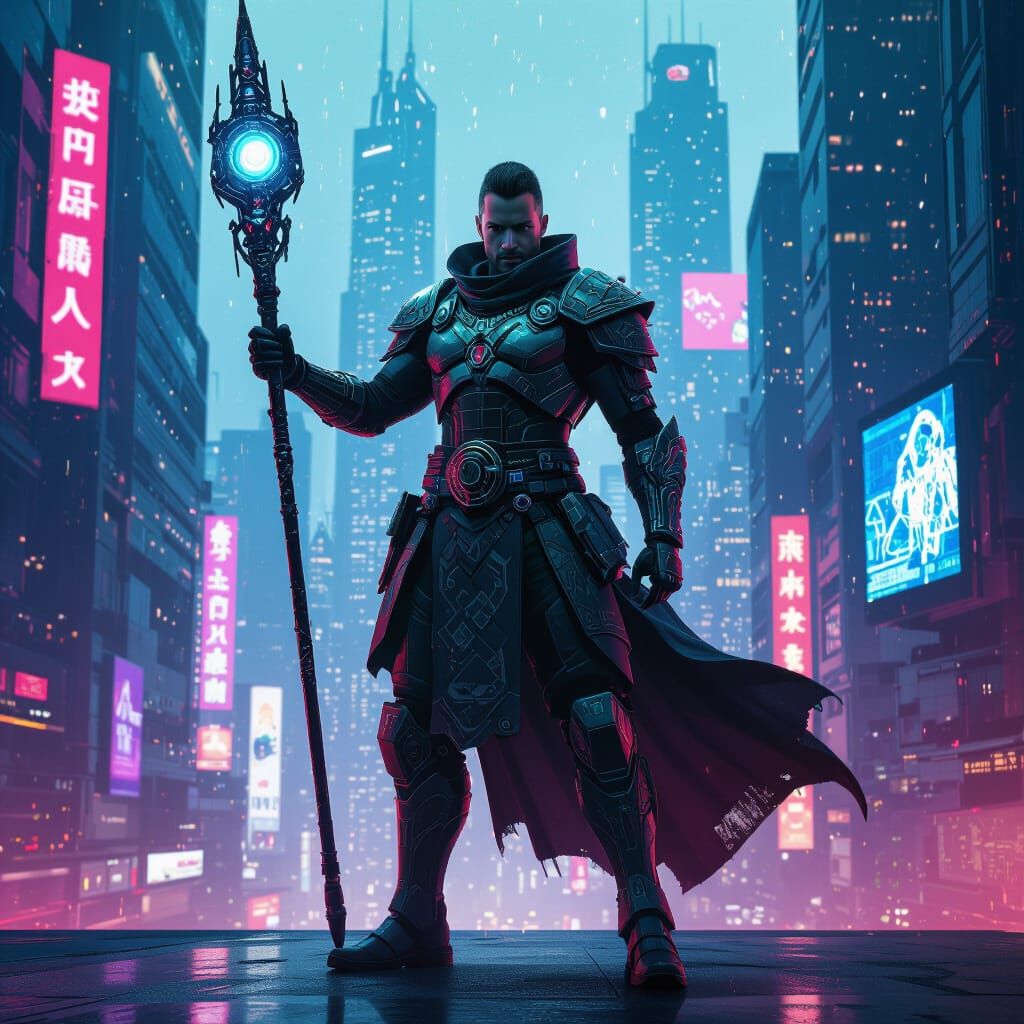 Futuristic Warrior in Neon Cityscape, Cyberpunk Style