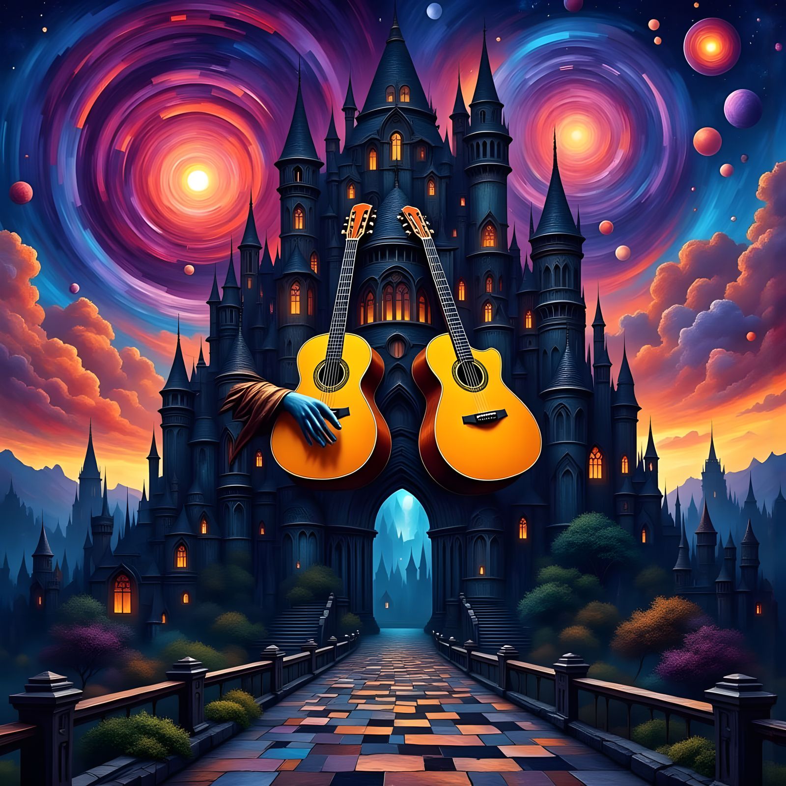 Epic Fantasy Castle with Vibrant Guitars and Whimsical Lands...