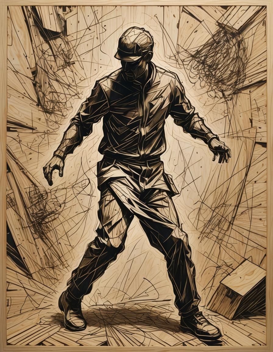 Scribbled Figure in Motion on Woodblock Background
