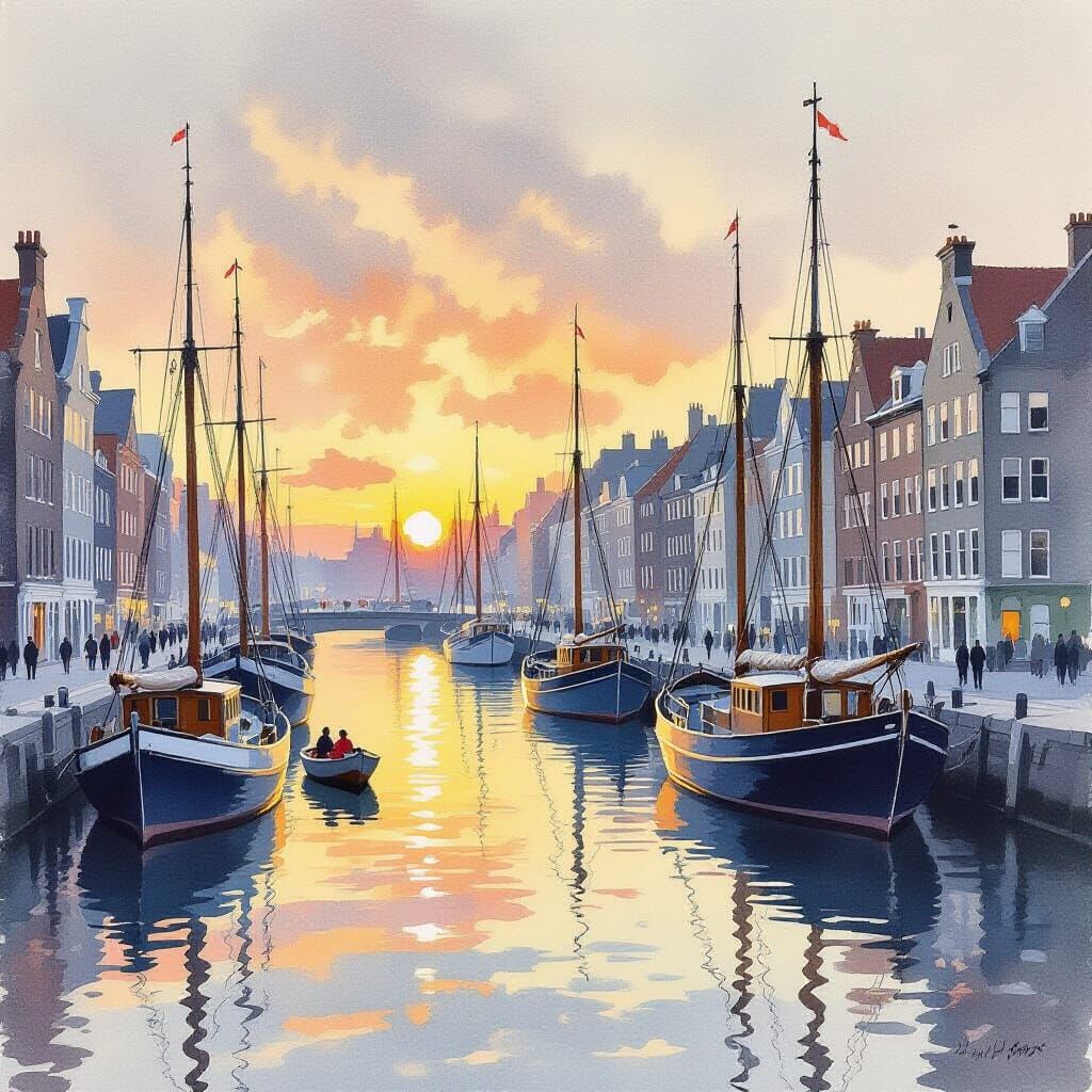 Impressionistic Watercolor Harbor Scene with Sailing Ships