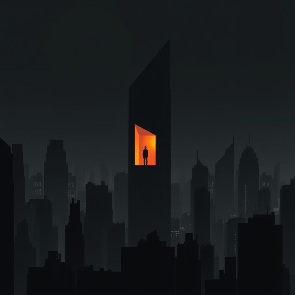 Futuristic Cityscape with Solitary Figure in Window