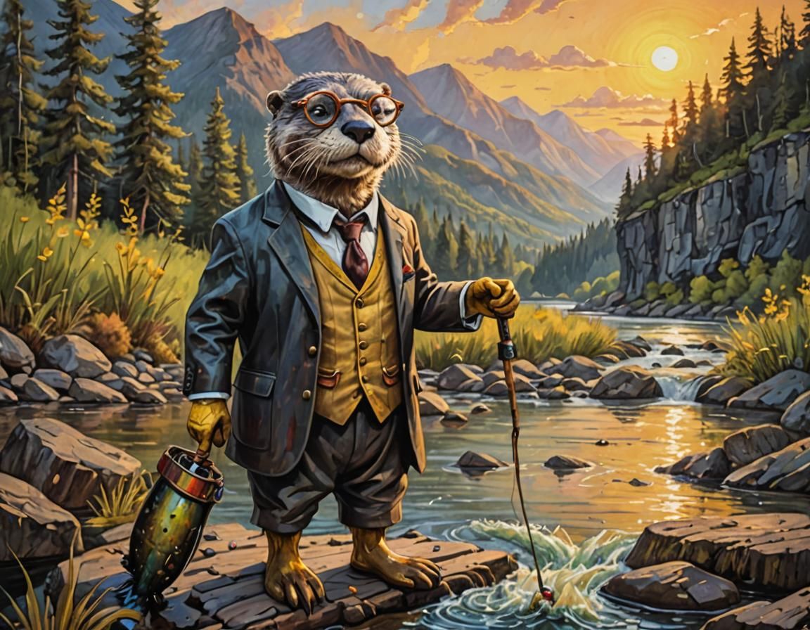 Steampunk Otter Fishing in River: Acrylic Painting