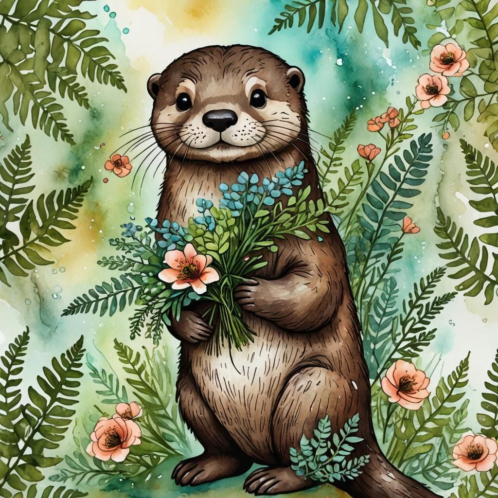 Charming Otter with Floral Bouquet in Alcohol Ink