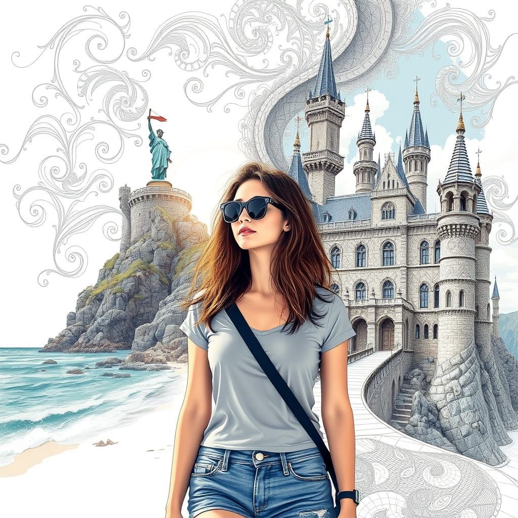 Woman Transitions from Beach to Castle in Fractal Art