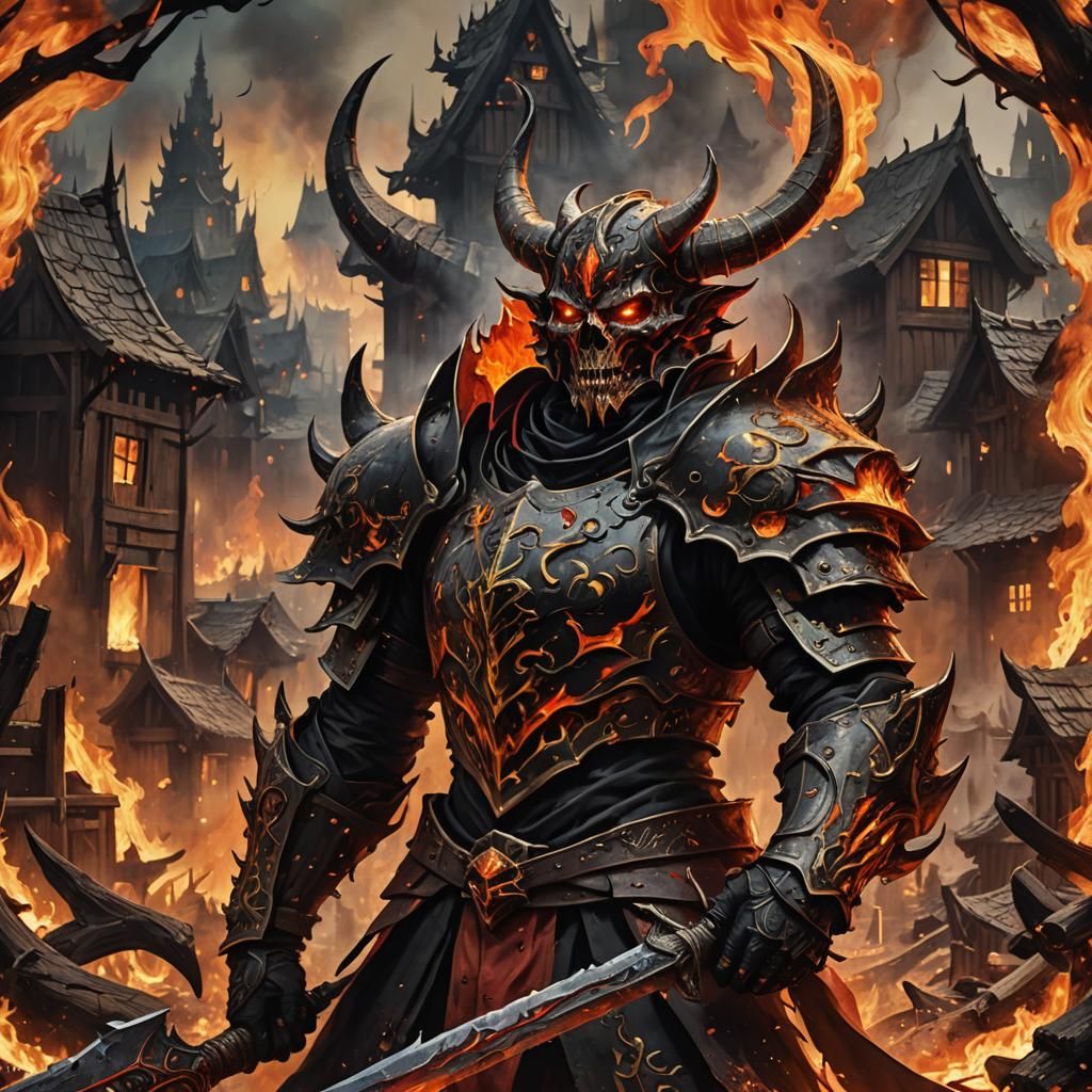 Crimson Demon Wielding Fire Blade in Dark Fantasy Art