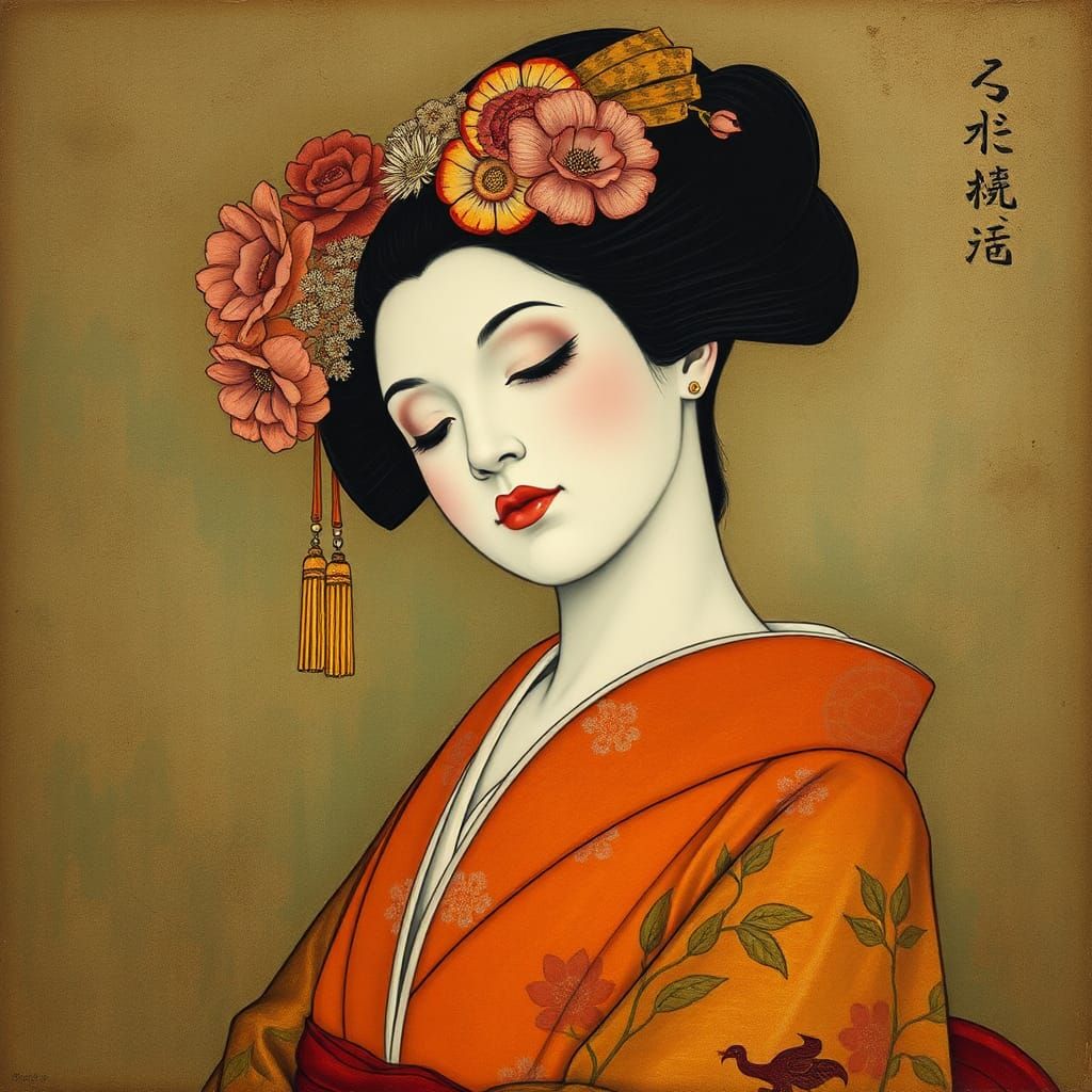 Geisha in Art Nouveau and Abstract Style