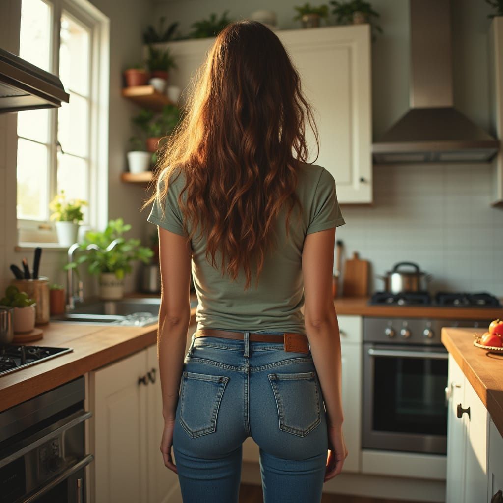 Elegant Woman in Kitchen with Soft Light