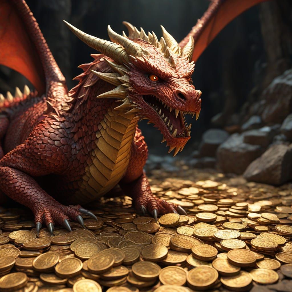 Majestic Red Dragon Unleashed from Treasure Hoard in Ancient...