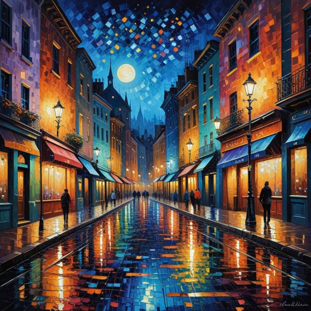 Vibrant Cityscape at Night in Neo-Impressionist Style