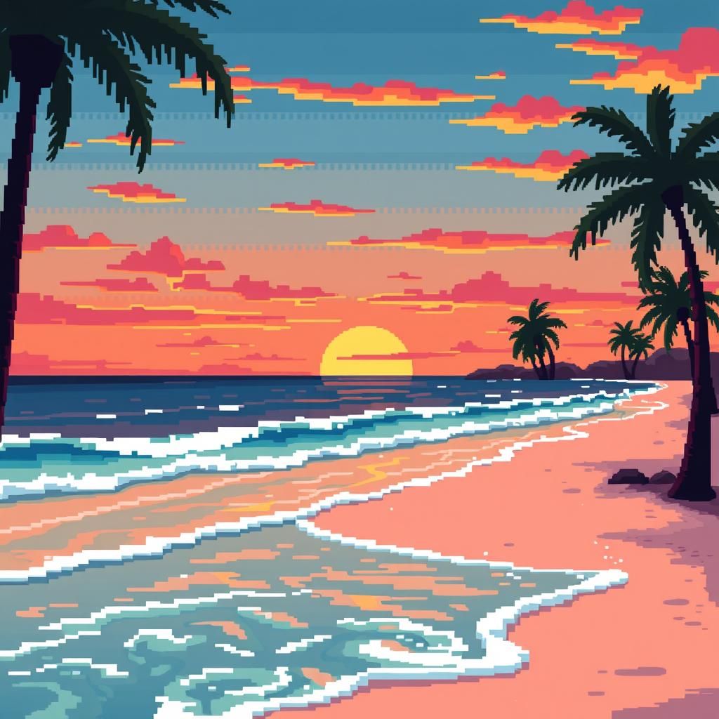 Serene Beach Sunset in Pixel Art Style