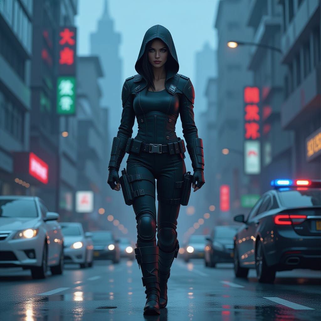 Female Comic Book Hero in Cyberpunk Cityscape