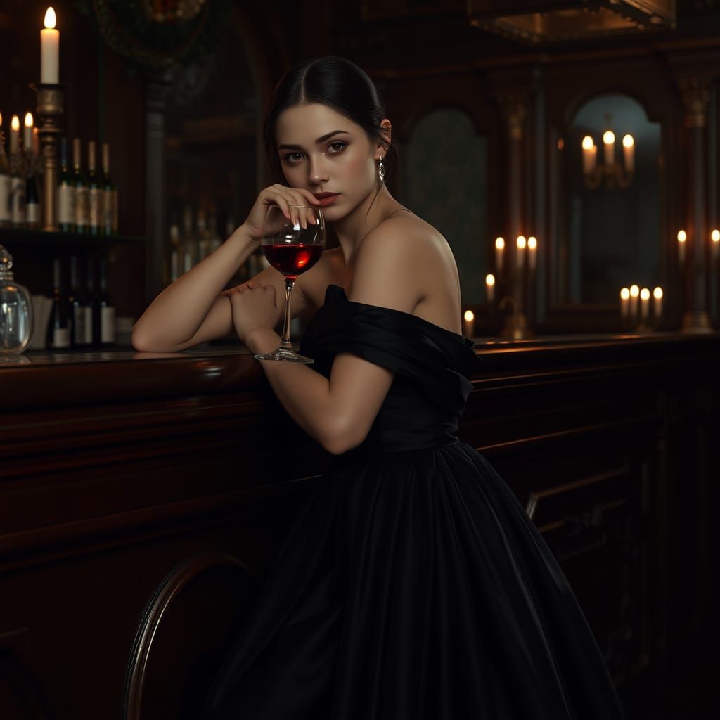 Elegant Woman in Black Gown at Ornate Bar