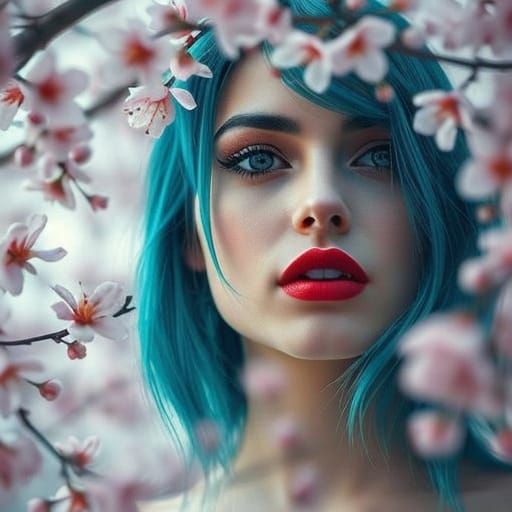 Glitch Art: Woman with Blossoms and Turquoise Hair