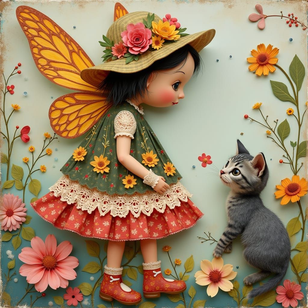 Whimsical Fairy Watches Over Adorable Kitten in Folk Art Col...