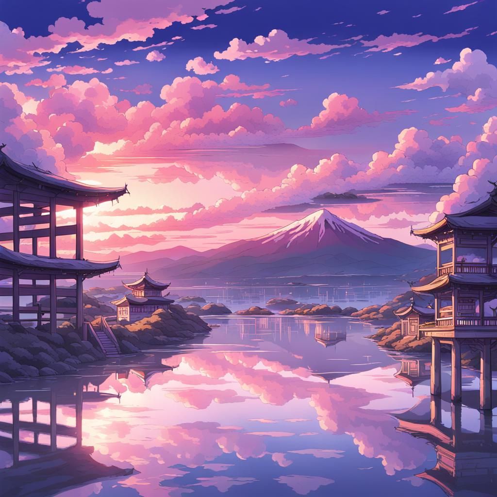 Japanese Sunset with Pink Sky in Anime Style