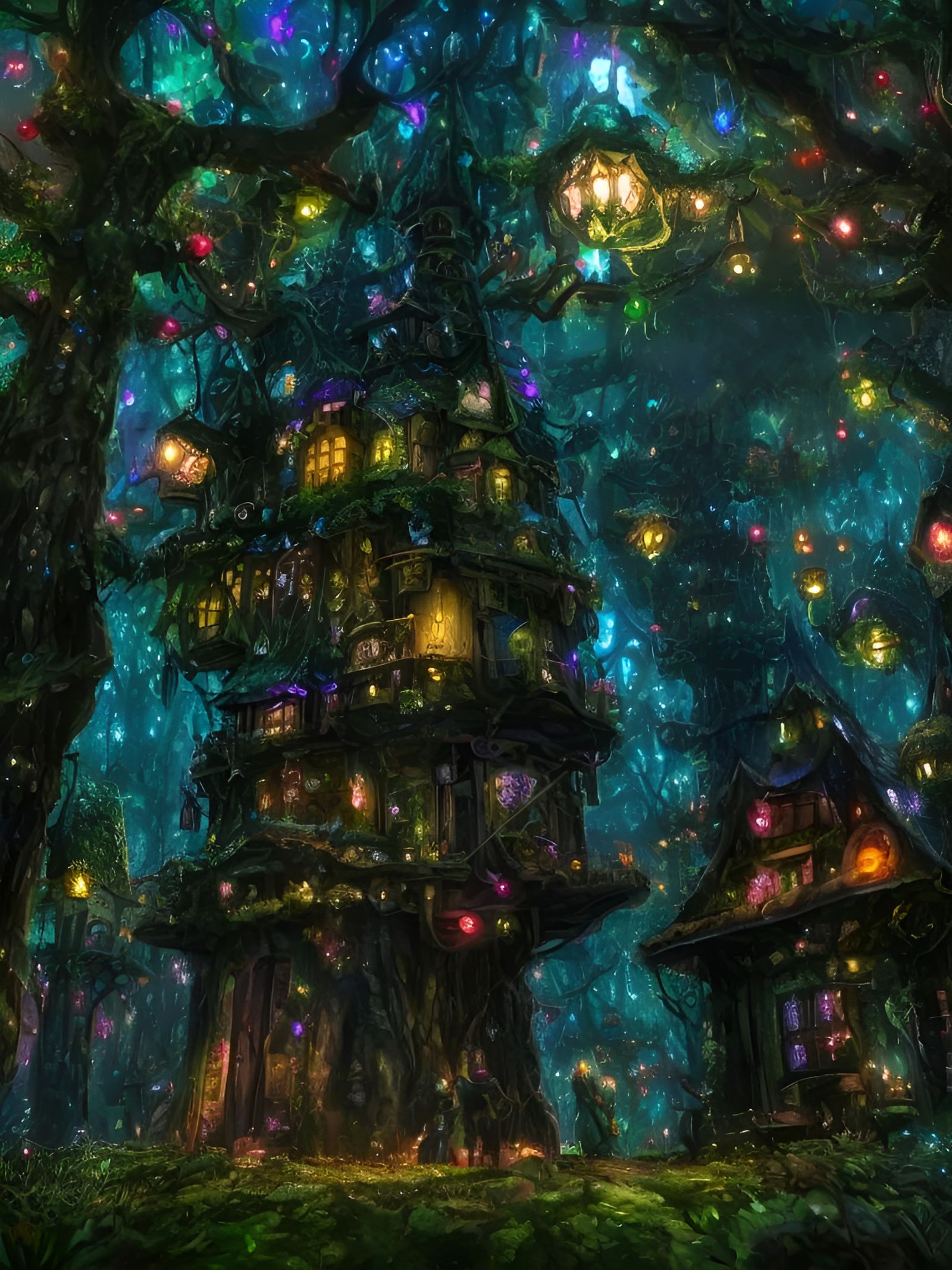 Glowing Tree Village in Dark Fairytale Land