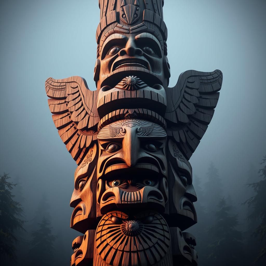 Intricate Digital Totem with Expressive Faces and Engravings