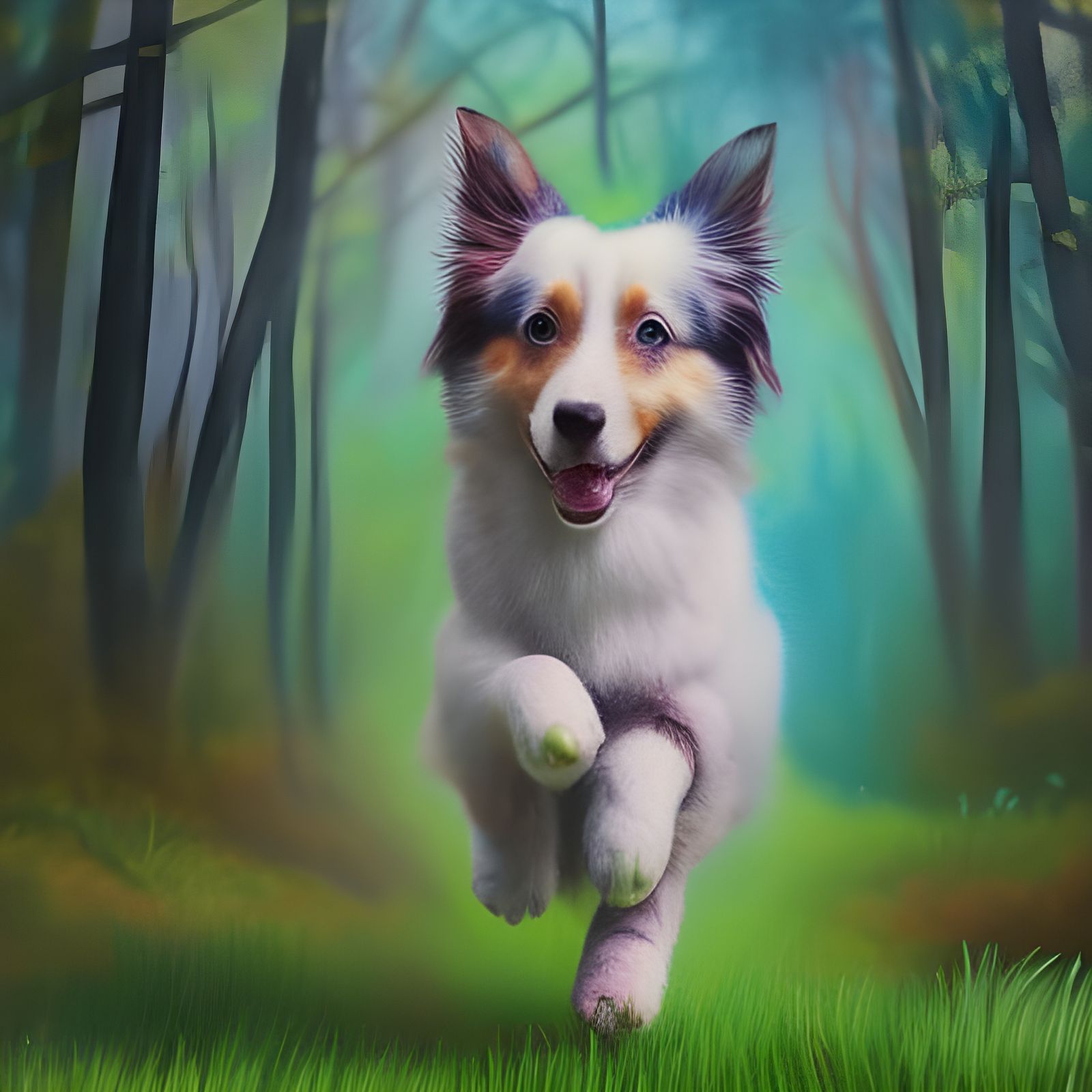 Australian Shepherd Dog Running in Spring Forest