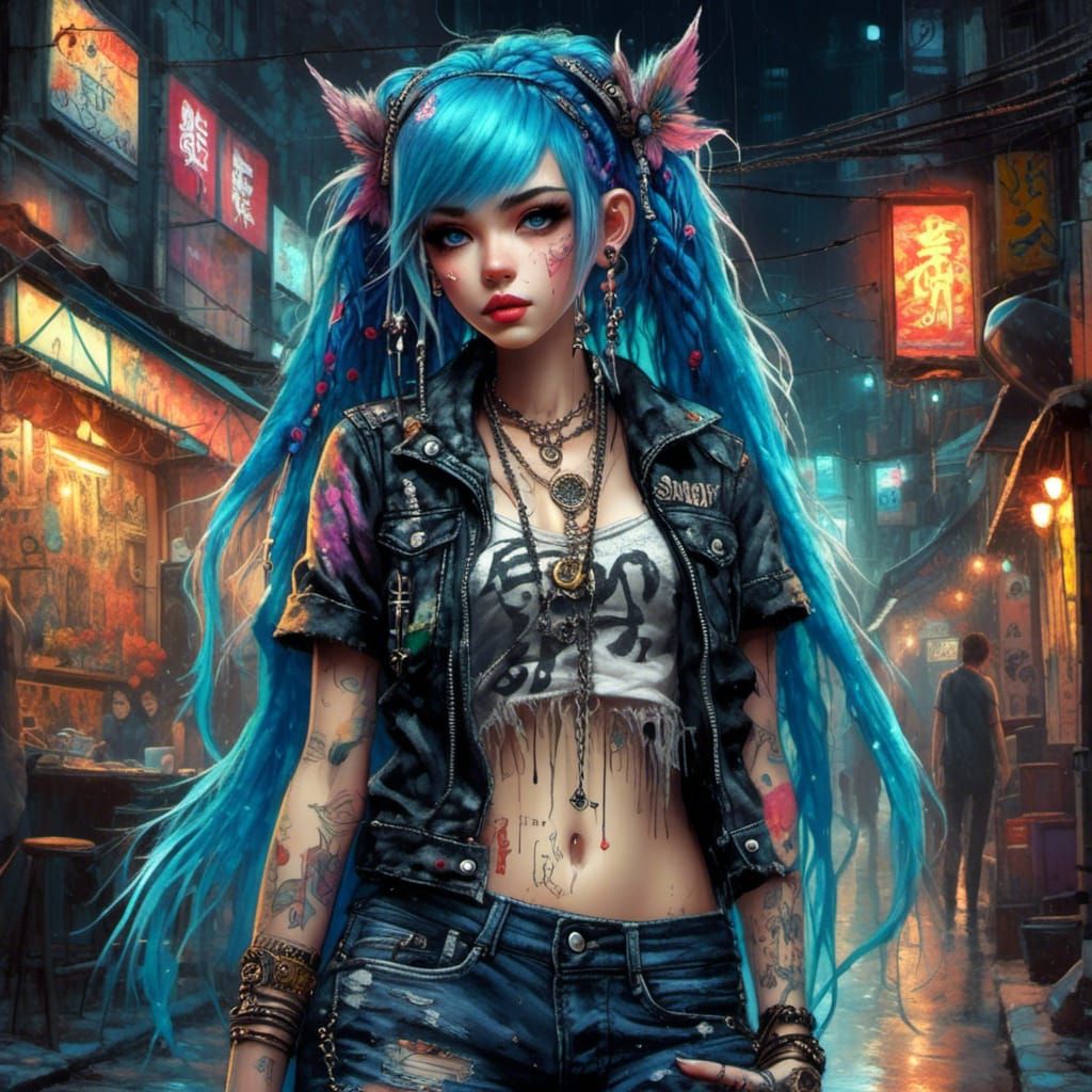 Cybergrunge Portrait of a Punk in Neon Alleyway