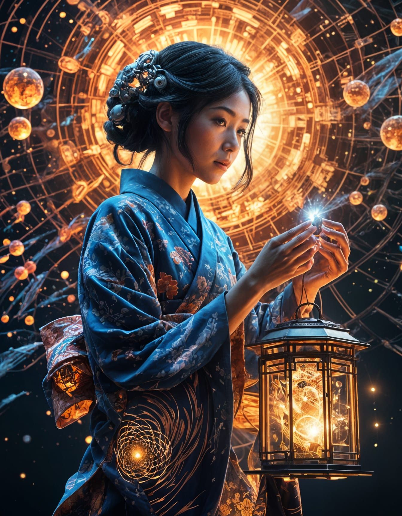 Woman with Firefly Cage, Skeleton Shadow in Twilight