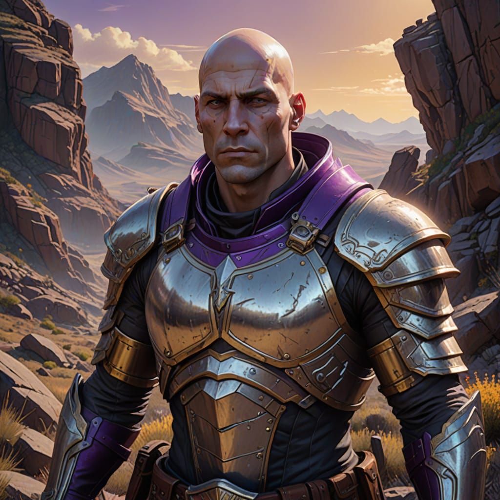 Muscular Bald Warrior in Dramatic Fantasy Landscape