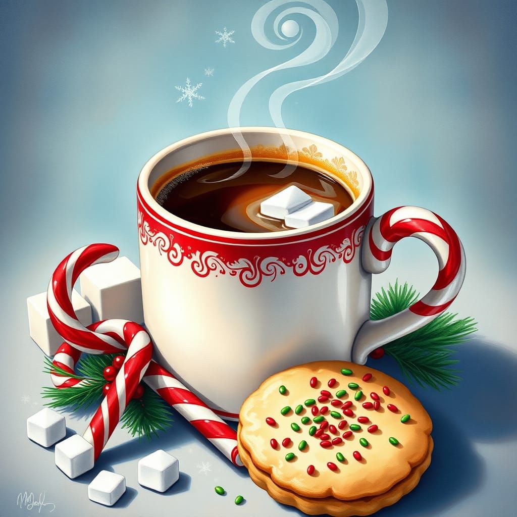 Festive Christmas Coffee Mug with Cookies, Hyperrealistic Ar...