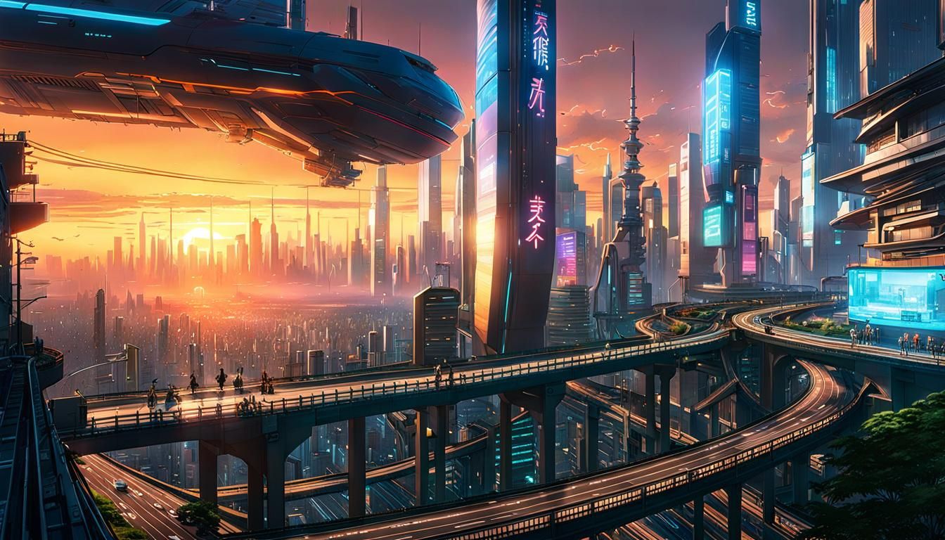 Cyberpunk Metropolis Sunset in Anime Style