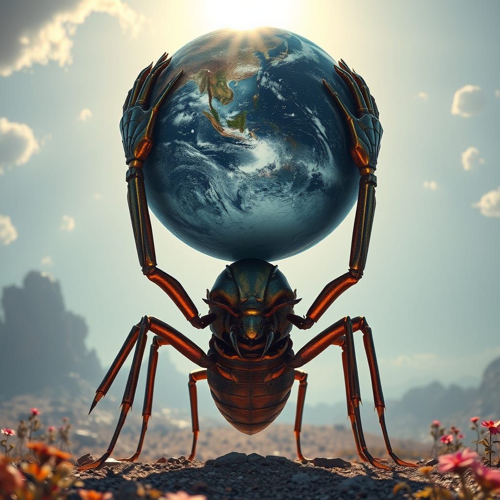 Giant Ant Lifts Earth in Surreal Scene