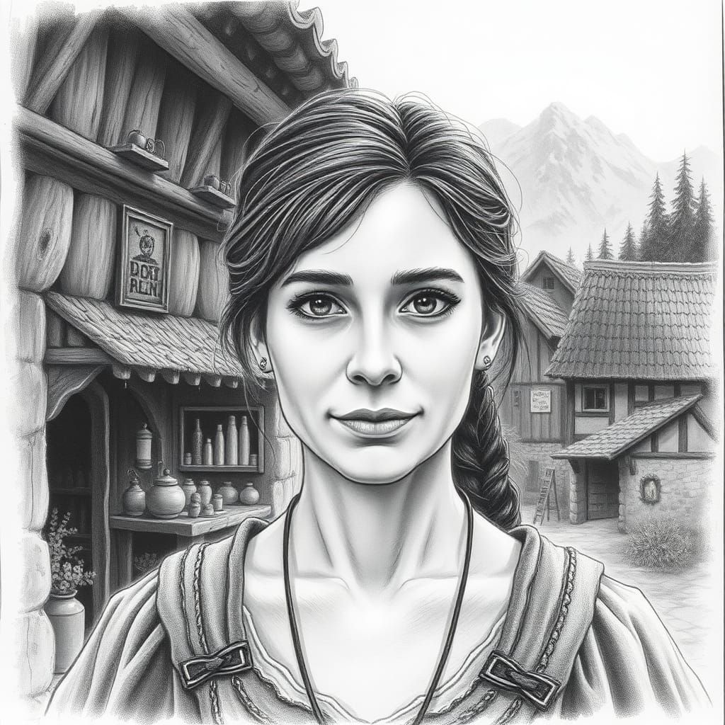 Medieval Woman in Village Shop: Charcoal Drawing