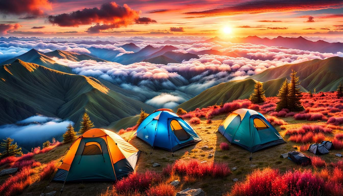 Camping Tents Floating Above Clouds at Sunrise